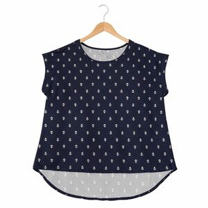 TACERA Navy Anchor Print Blouse XL | Nautical Lightweight Hi-Low Top